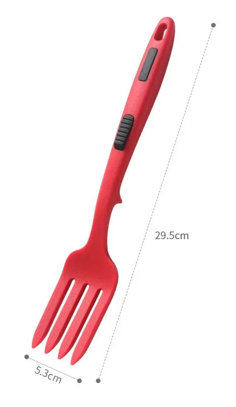 Flexible Silicone Prong Cooking Fork Heat-Resistant Pasta Noodle Tool Ergonomic Handle Red Kitchen Utensil for Spaghetti Cooking