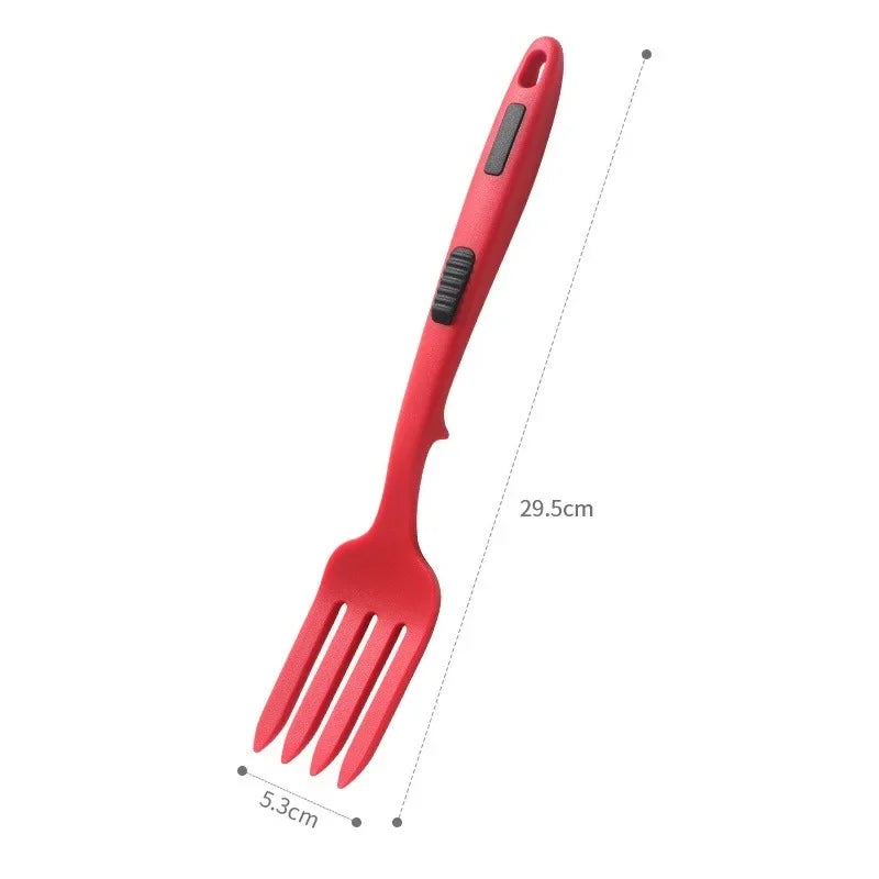 Flexible Silicone Prong Cooking Fork Heat-Resistant Pasta Noodle Tool Ergonomic Handle Red Kitchen Utensil for Spaghetti Cooking