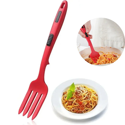 Flexible Silicone Prong Cooking Fork Heat-Resistant Pasta Noodle Tool Ergonomic Handle Red Kitchen Utensil for Spaghetti Cooking