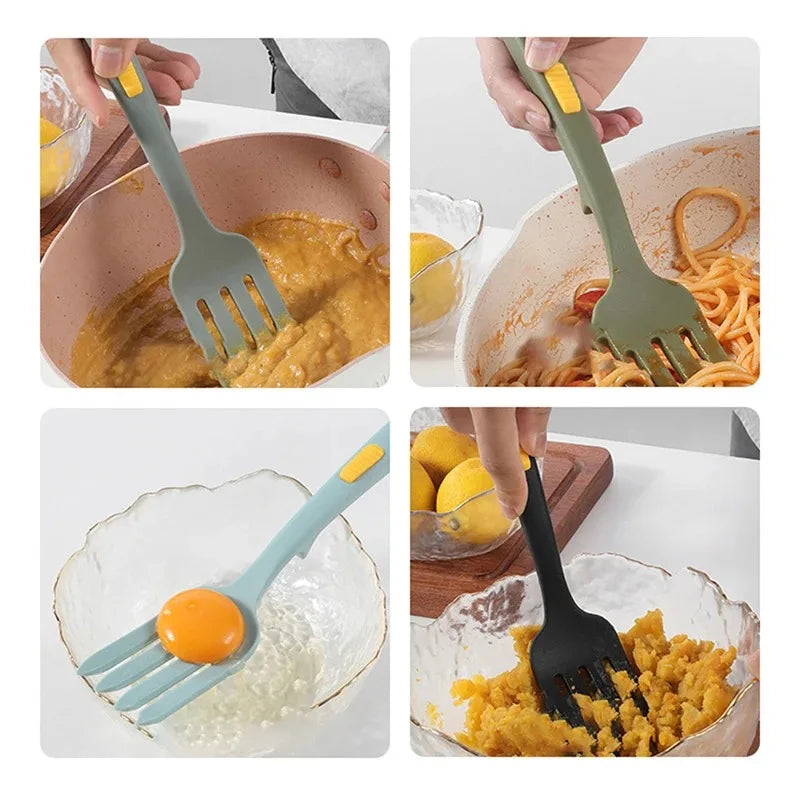 Flexible Silicone Prong Cooking Fork Heat-Resistant Pasta Noodle Tool Ergonomic Handle Red Kitchen Utensil for Spaghetti Cooking